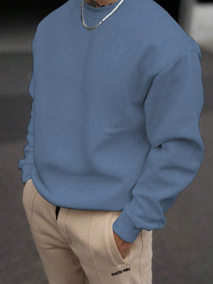 男士纯色圆领套头卫衣，休闲日常穿着，适合秋季，长袖上衣 - 霧霾藍 - 查看 1