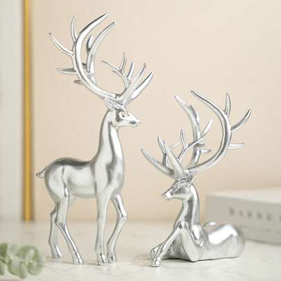 Christmas Reindeer Figurines 2 Pcs Resin Deer Statues Christmas Table Decorations For Home