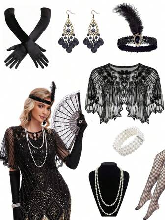 7pc 1920 Flapper Artificial Feathers Headband Alloy Rhinestone Earring Long Pearl Choker Necklace 1920s Shawl Satin Gloves Set For Women 20s Flapper Accessories Gasby Theme Party