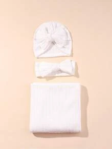 3pcs/Set Spring & Autumn Newborn 0-6 Months Baby Swaddle Blanket Set, Includes Bow Headband, Hat And Wrap, Baby Photography Props - Multicolor - View 12