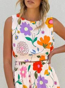 Bộ 2 món áo ba lỗ không tay cổ tròn thắt eo đơn giản in họa tiết hoa đi biển mùa hè cho nữ - Nhiều màu - Xem 6