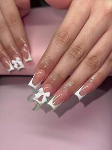 White French Press On Nails 3D Bowknot Fake Nails Tips Full Cover Wearable False Nails For Women And Girls DIY Manicure 24Pcs