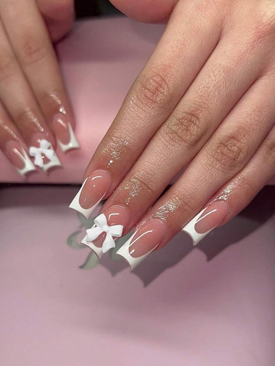 White French Press On Nails 3D Bowknot Fake Nails Tips Full Cover Wearable False Nails For Women And Girls DIY Manicure 24Pcs
