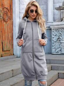 Sudadera larga con capucha y bolsillos para mujer Casual Loose Sweatshirt - Gris Claro - Ver 2