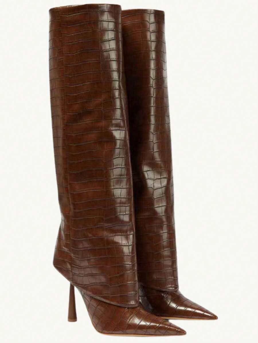 Sexy Fashion Women's Over Knee Boots Pointed Toe Lace Wide Calf Fold Down Full Zip Stiletto Heel Shoes Fashion Motorcycle Dressy Party Boots