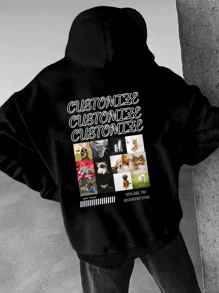 Customized Personalized Men's Autumn & Winter Hoodies Casual Thin Velvet Round-Neck Loose Hooded Sweatshirt With Pattern Design - Add Your Own Images (Family Photo/Selfie/Pet Photo/Friend Photo/Lover Photo/Girlfriend Photo) And Your Text To Design Your Personalized Printed Hoodies ﻿