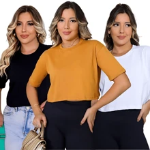 Kit 3 Cropped Basic Women's Cotton T-Shirt - Multicolor - View 4