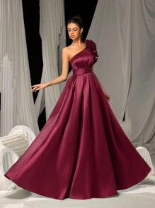 Faeriesty Ruffle Trim Asymmetrical Neck Lace Up Back Satin Prom Dress, Party Dress, Wedding Guest Dress, Formal Dress, Evening Dress,Gown