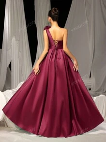 Faeriesty Ruffle Trim Asymmetrical Neck Lace Up Back Satin Prom Dress, Party Dress, Wedding Guest Dress, Formal Dress, Evening Dress,Gown