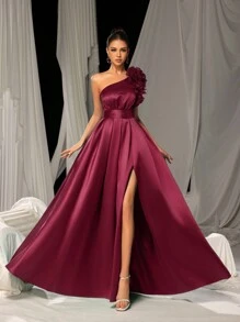 Faeriesty Ruffle Trim Asymmetrical Neck Lace Up Back Satin Prom Dress, Party Dress, Wedding Guest Dress, Formal Dress, Evening Dress,Gown