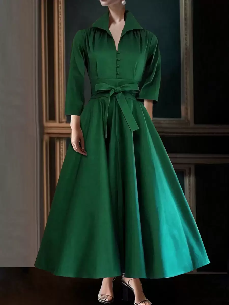 Stand Collar 3/4 Sleeve Buttoned A-Line Dress For Women
