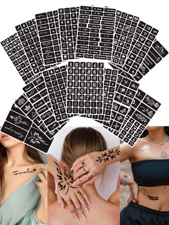 612 件/16 张可重复使用临时纹身贴纸、闪光纹身模板、半永久纹身、面部彩绘、成人人体彩绘模板、音乐节