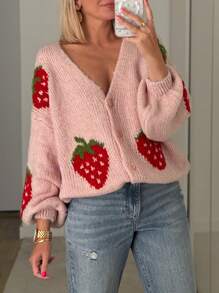Women Knit Cardigan Long Sleeve Strawberry Button Closure Fall Casual Jacket Sweater - 粉色 - 查看 2