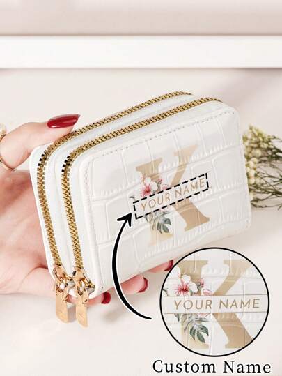 Cartera con varios espacios para tarjetas, con diseño de patrón de cocodrilo y letra y flor personalizadas, monedero corto, regalo para el Día de los Enamorados, Día de la Madre, Cumpleaños