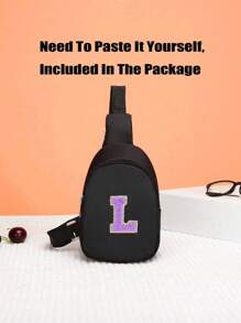 1 件迷你尼龙拉链开合时尚字母胸包，适合男孩和女孩，一体式休闲包，适合日常使用（DIY 字母贴纸） - 黑色 - 查看 6