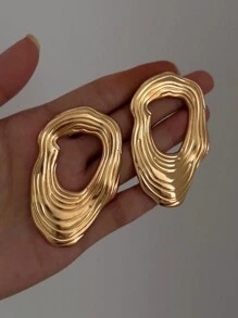 1 Pair Vintage Minimalist Hollow Metal Geometric Oval Stud Earrings, Punk Exaggerated Fashion Charm Jewelry, Suitable For Women's Daily Commute, Holiday Gifts, Parties And Banquets - Yellow Gold - View 2