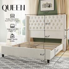 Queen/King Size Platform Bed Frame With 51.6" Wingback Tufted Velvet Upholstered Headboard, Cream Modern Bed With No Box Spring Needed, Easy Assembly - 奶油 - 查看 3