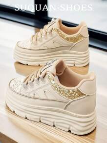 1 Pair Women Thick-Soled Casual Sports Shoes, With Lace Toe Design, Rhinestone + Sequin Decor, Fashionable & Stylish, For Outdoor, Comfortable, Multi-Purpose, Breathable Running Shoes, Suitable For Daily Commute & Casual Wear - Khaki - View 10