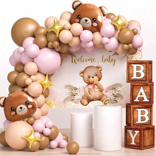 Teddy Bear Theme BabyShower Balloon Garland Arch Kit Including 5/10/18Inch Brown Pink Blue Nude Latex Balloons For WelcomeBaby Backdrop First 1st 3th 5th Birthday Party Decorations
