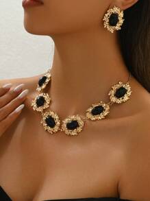 3pcs/Set Vintage French Style Black Acrylic Metal Accent Necklace Set, Autumn/Winter - Yellow Gold - View 2