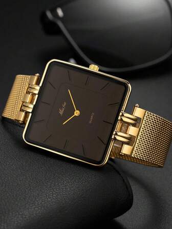 MISSFOX 时尚男士金色表盘简约方形不锈钢网状表带手表