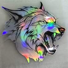 AD 1 件全息七彩变幻黑白狼头 3D 狼图腾凶猛霸气狼头变色效果汽车贴花贴纸 摩托车贴纸 汽车改装划痕遮盖创意个性汽车贴纸