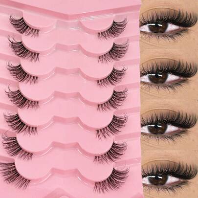 7 Paar halbe Wimpern mit transparentem Band, Katzenaugen-Schwanz, verlängerte Wimpern, natürliches Aussehen, wischig, falsche Nerz-Wimpern, flauschig, weich, falsche Wimpern für natürliches Make-up, geeignet für den täglichen Gebrauch, Partywear, Valentinstag Make-up