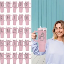 Aanpasbare roestvrijstalen geïsoleerde waterfles met handvat en rietje, 26 letters en bloemenpatronen, graveerbaar, reiskoffiemok houdt warm en koud, geweldig cadeau voor vrienden, koppels, verjaardagen, nieuwjaar