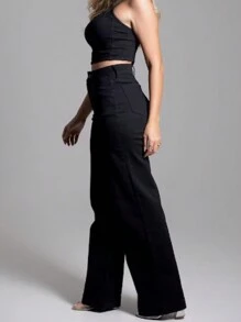 Women's Wide Leg High Waist Jeans In Graphite Fabric - Negro - Ver 2