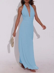 Deep V-Neck Fitted High Slit Summer Dress - Blue - View 3
