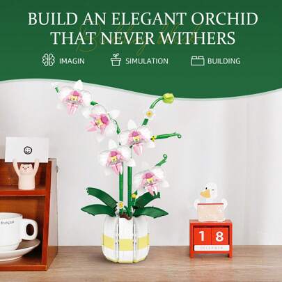 766pcs Orchid Preserved Flower Bouquet DIY Arrangement Craft, Romantic Gift For Valentine's Day, Green Plant Bonsai Assemble Building Block, Christmas Gift, Desktop Decoration