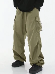 Men's Paratroop Cargo Pants, High Street Design Loose Hiphop Trousers, Unisex Wide Leg Straight Casual Pants, Outdoor Street Wear