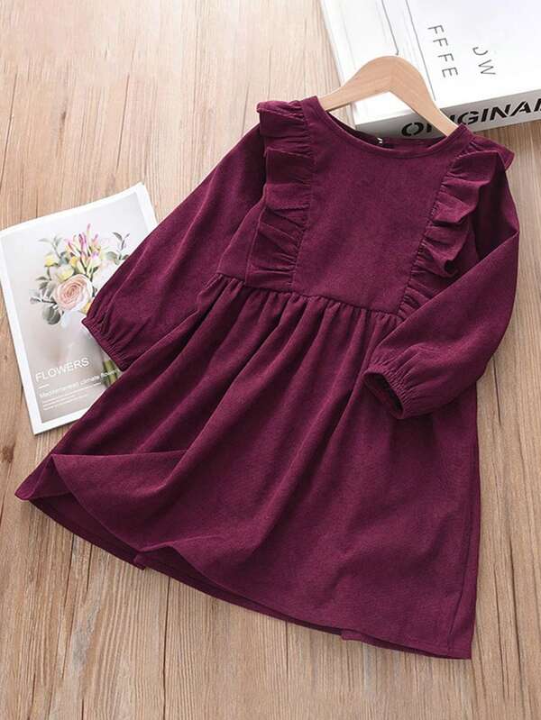 Young Girl Casual Loose Corduroy Long Sleeve Ruffle Hem Dress, Spring/Autumn