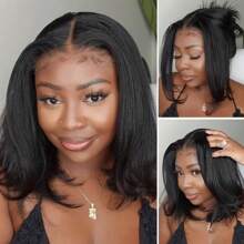 4x4 HD Yaki Straight Bob Wig Human Hair Pre Everything Glueless Lace Front Wig Pre Plucked Hairline Bleached Bye Bye Knots Ready To Go Short Yaki Bob Wig 200% Density - Natural Black - 查看 2