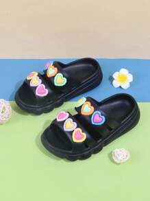 1 Pair Kids Non-Slip Outdoor Sandals, Colorful Heart Design Toddler Girls Beach Slippers, Children Summer Breathable Slippers