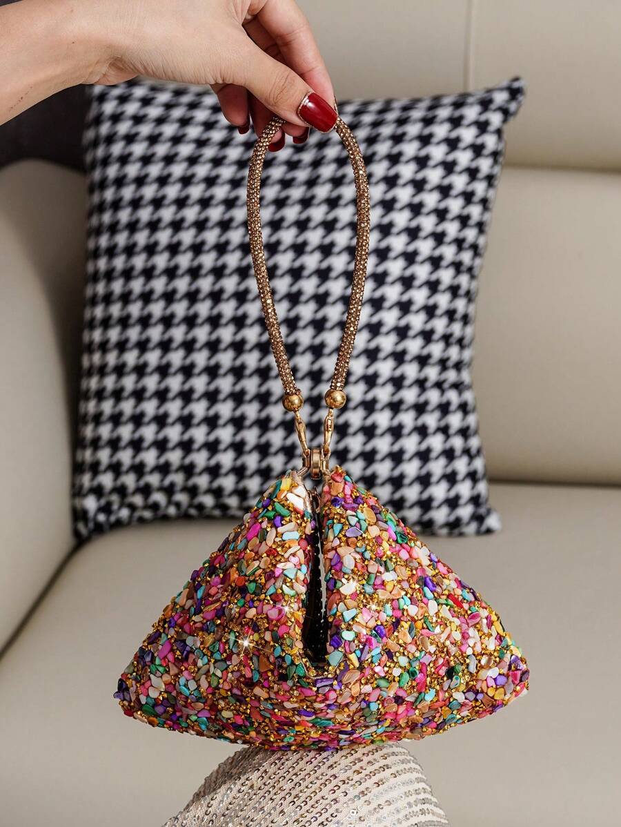 Sparkling Rhinestone Evening Bag, Unique Shape Purse, Elegant Party Handbag Suitable For Dresses - Champagne - View 1