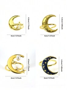 Juego de 2/4/6 piezas de argollas para servilletas con motivos de estrellas y lunas, aros de servilleta Eid Al-Adha para decorar la mesa del comedor, portaservilletas dorados con forma de luna - multicolor - Ver 8