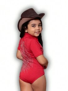 COUNTRY BODYSUIT FOR CHILDREN WITH STONES, SHORT SLEEVES, COUNTRY FASHION - 紅色 - 查看 8