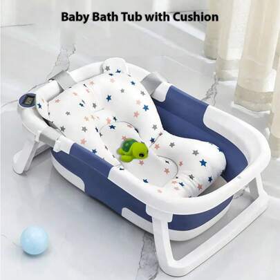 Foldable Baby Bath Tub Ergonomic With Temperature & Cushion Bath Pad + Bath Net Baby Bath Foldable Tub Collapsible Bathtub Baby Bath Essentials For Newborn With Seat Support Cushion Stand Folding Baths For Toddler 0-12 Months Travel Portable Infant Tubs Soft Bathing Kids
