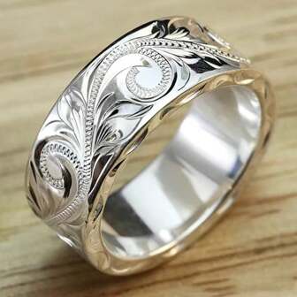 925 Sterling Silver Wide Boho Carved Leaf Flower Ring Vintage Jewelry