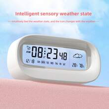 Reloj de mesa digital transparente SZ-806 con visualización de humedad y temperatura, calendario semanal, despertador, alimentado por batería AA, decoración del hogar moderna adecuada para dormitorio de estudiante, escritorio para volver a la escuela, decoración del hogar, decoración de habitación - Blanco - Ver 3