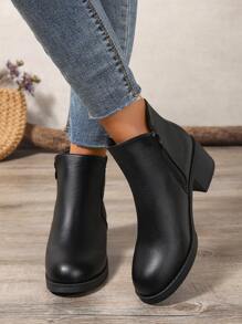 Giày bốt nữ cổ thấp đế dày thời trang mới, bốt cổ thấp nữ màu trơn chống trượt đa năng có khóa kéo, màu đen, bốt cao gót đế dày, bốt cổ thấp nữ thanh lịch. - màu đen - Xem 4