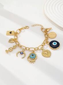 1 Pc Golden Color Evil Eye Heart Coin Charm Bracelet Women Girls Y2K Charms Bracelets Jewelry Valentines - Multicolor - View 1