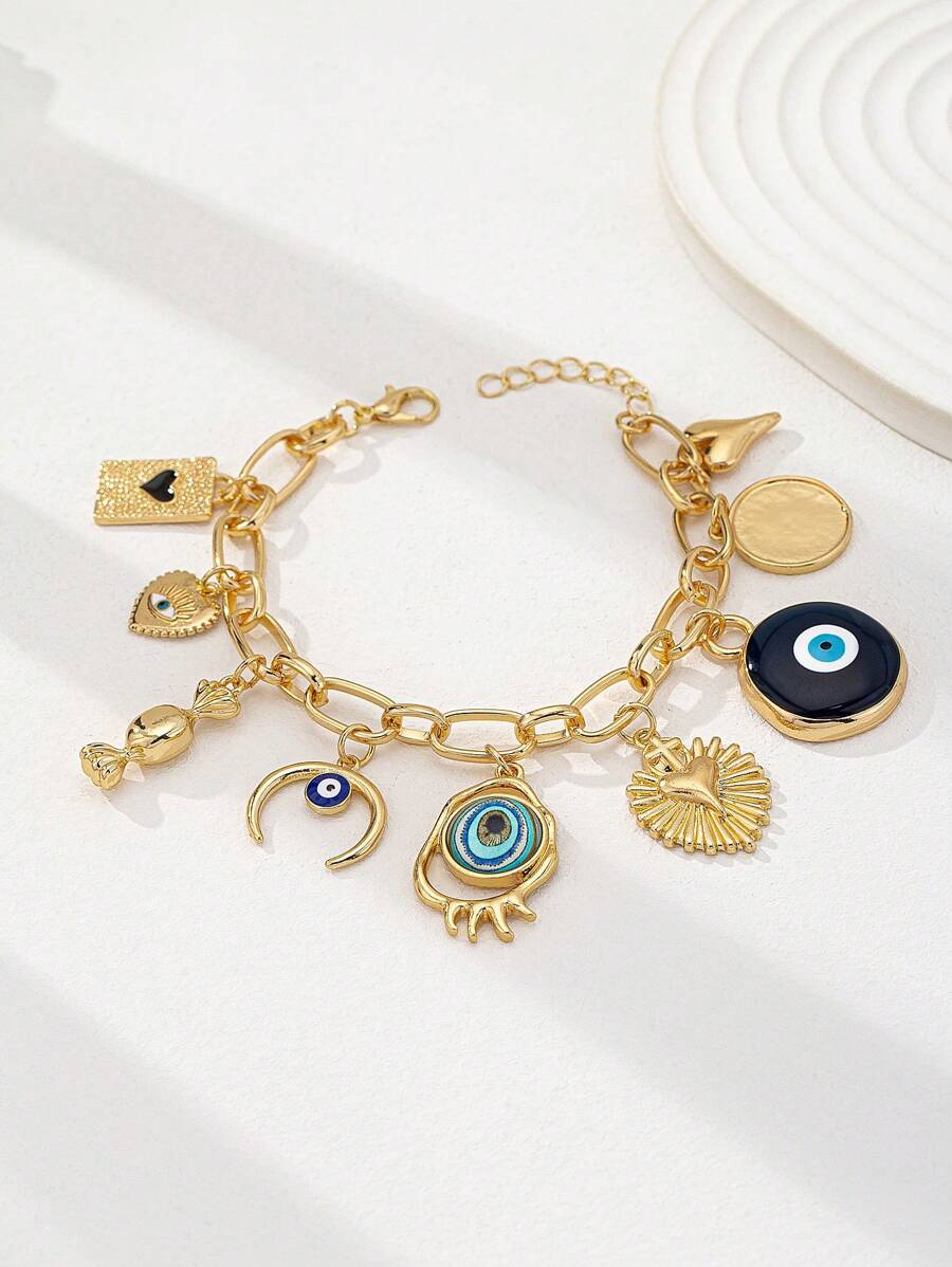 1 Pc Golden Color Evil Eye Heart Coin Charm Bracelet Women Girls Y2K Charms Bracelets Jewelry Valentines - Multicolor - View 1