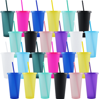 10pcs Reusable Glitter Plastic Cups With Lid And Straws, 24oz Colorful Bulk Party Cups, Cold Travel Cups, Suitable For Ice Drinks, Water, Coffee, Parties, Gatherings, Camping, Water Bottles
