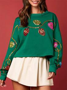 Women's Sequins Sweatshirt Christmas Light String Print Long Sleeve Casual Loose Crop Hoodie Pullover Tops - Green - View 1
