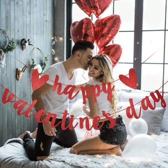Happy Valentine's Day Banner, Red Glittery Valentine's Day Party Decorations, Valentine's Day Garland, Valentines Photo Props, Heart Decorations, Wedding Anniversary Party, Valentine's Day Fireplace Decor