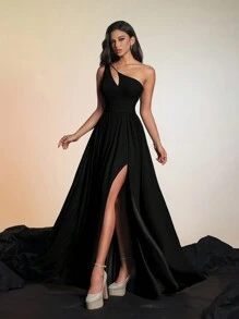 Vestido Longo de Noite Elegante Preto com Ombros à Mostra, Fenda Alta em Chifon, Vestidos Formais e de Noite Femininos, Vestidos de Formatura, Vestidos de Dama de Honra para Mulheres, Glamoroso, Clássico