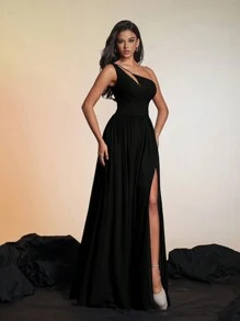 Vestido Longo de Noite Elegante Preto com Ombros à Mostra, Fenda Alta em Chifon, Vestidos Formais e de Noite Femininos, Vestidos de Formatura, Vestidos de Dama de Honra para Mulheres, Glamoroso, Clássico