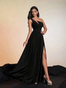 Vestido Longo de Noite Elegante Preto com Ombros à Mostra, Fenda Alta em Chifon, Vestidos Formais e de Noite Femininos, Vestidos de Formatura, Vestidos de Dama de Honra para Mulheres, Glamoroso, Clássico